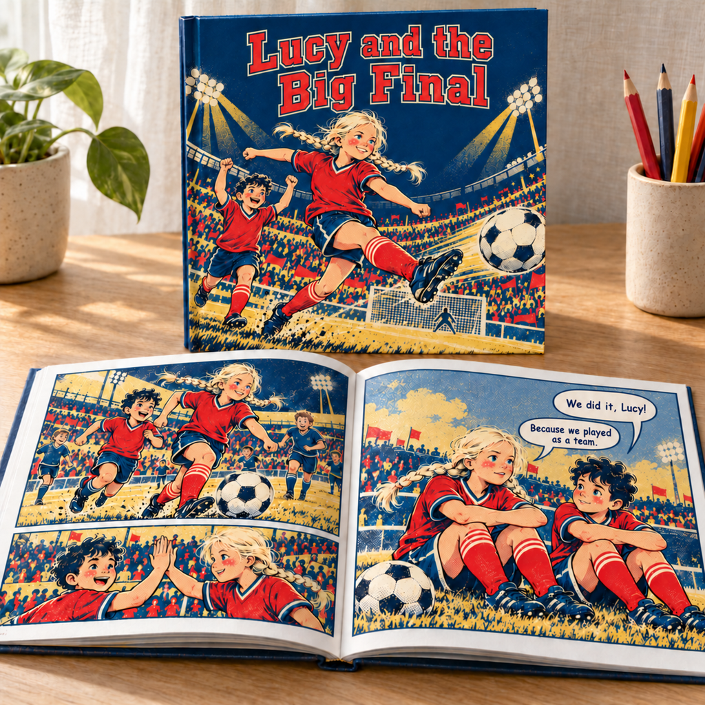 Lucy and the Big Final: personalized printed comic book, cover and inside pages