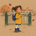 Colored-pencil drawing of a little girl in a yellow raincoat with a bunny in her backpack at the school gate
