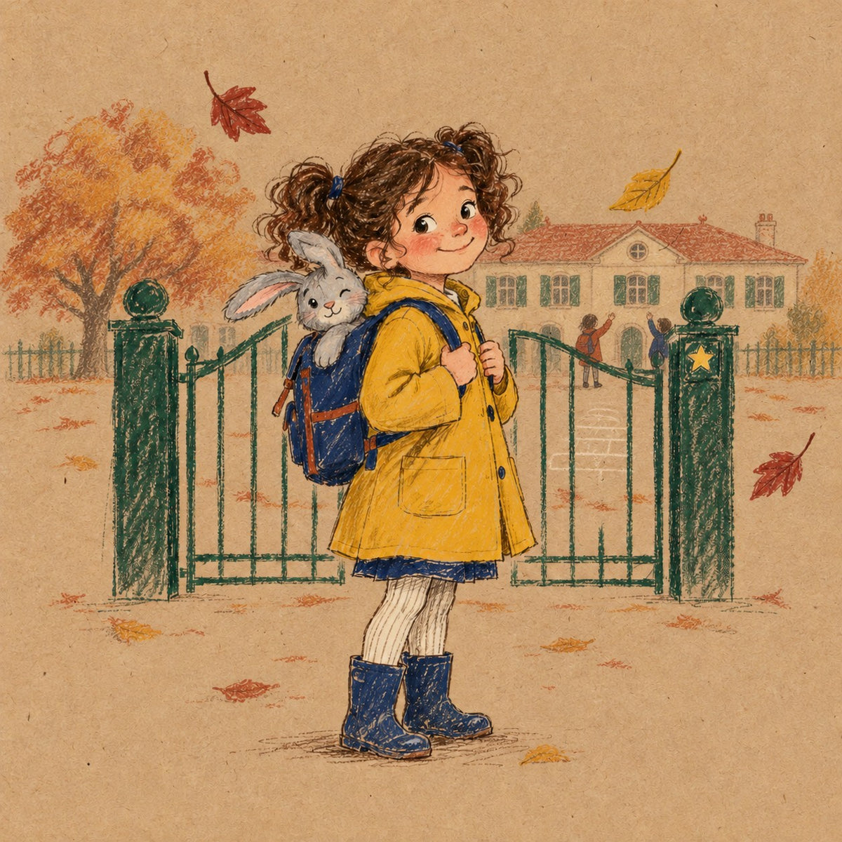 Colored-pencil drawing of a little girl in a yellow raincoat with a bunny in her backpack at the school gate