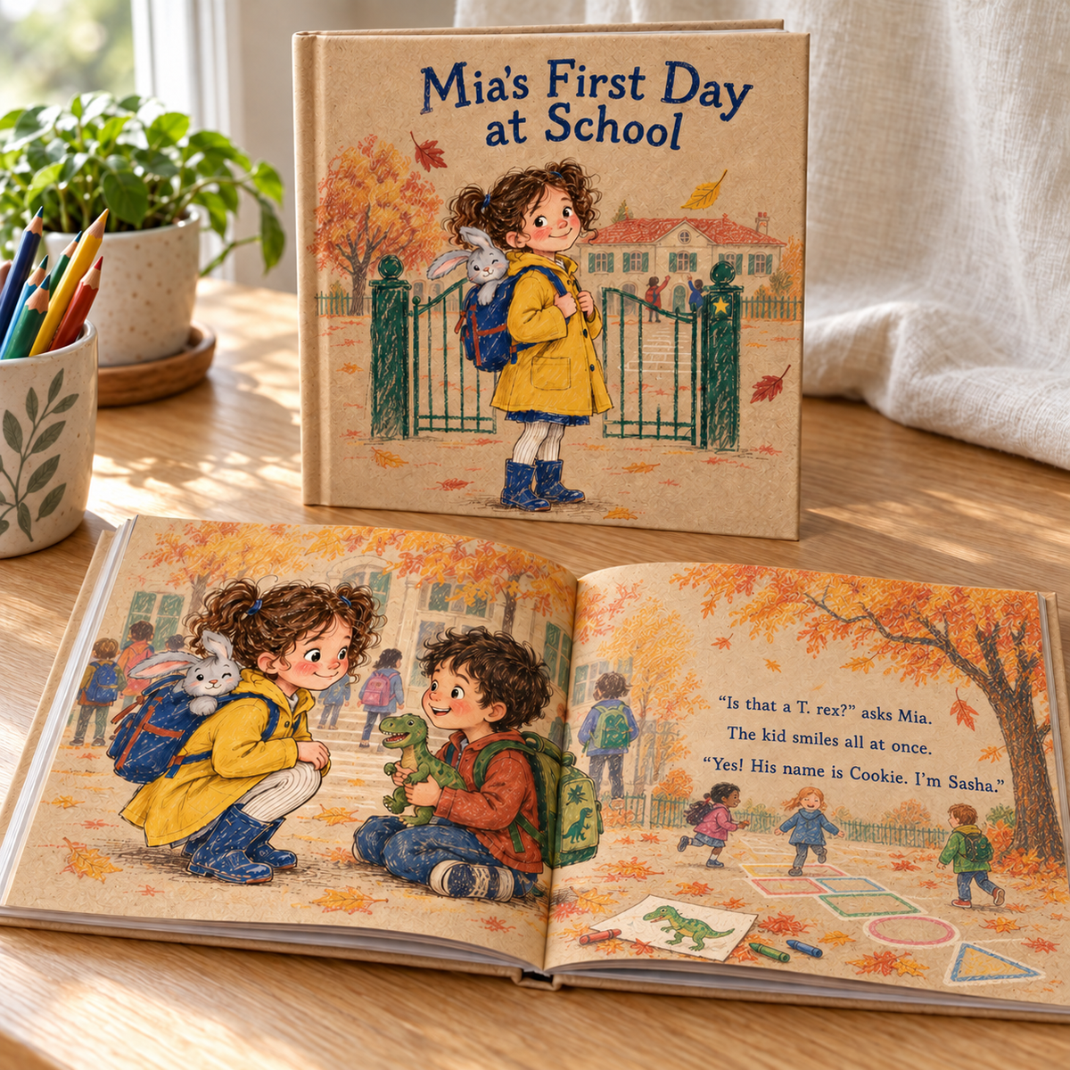 Mia's First Day at School: personalized printed book, cover and inside pages