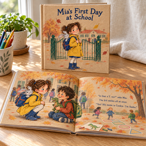Mia's First Day at School: personalized printed book, cover and inside pages